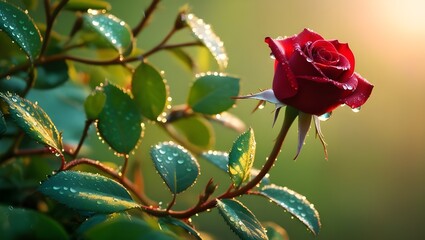 A solitary, velvety red rose with delicate, curved petals and a subtle sheen, glistens with dewdrops that sparkle like tiny diamonds in the soft, warm morning sunlight, surrounded by a lush
