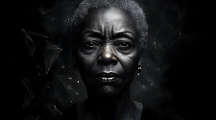 Close up portrait of an elderly black woman with a serious expression.