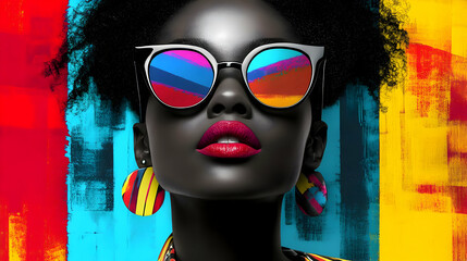 Close-up of a beautiful woman with afro hair wearing colorful sunglasses and earrings against a colorful background.