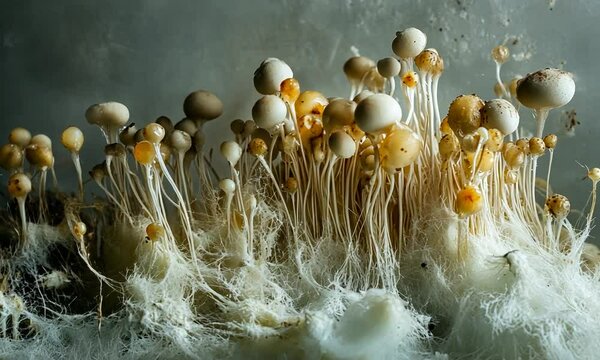 Close-up of a cluster of tiny white mushrooms with yellow spores