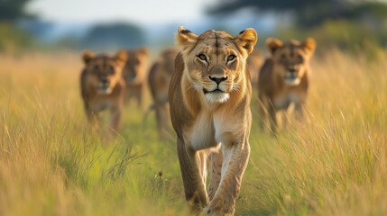 Obraz premium A lioness is walking through a field of tall grass.