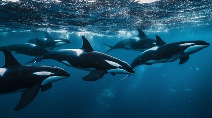 Fototapeta premium A group of orcas swimming in the ocean. The water is blue and the sky is clear