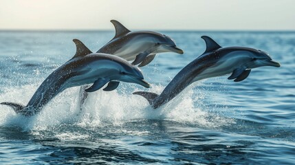 Fototapeta premium Three dolphins jumping out of the water. Concept of freedom and joy as the dolphins leap through the air