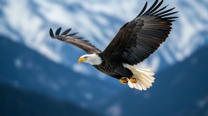 Obraz premium A large eagle is flying through the sky with its wings spread wide. The image has a sense of freedom and majesty, as the eagle soars high above the trees and the ground