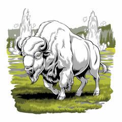 Bison roaming through Yellowstone with geysers, Fantasy illustration, contour, isolated in white background
