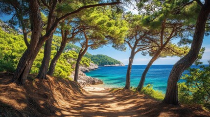 The picture of pine trees near the beach looks so beautiful