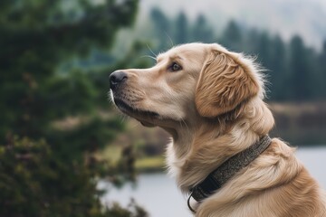 Obraz premium A golden retriever poses gently with a focused look, setting a serene mood with an outdoor backdrop of trees and water.