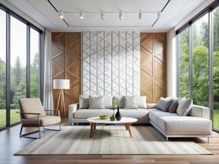 Modern minimalist living room with sleek white wall panels, geometric-patterned rug, and floor-to-ceiling windows,