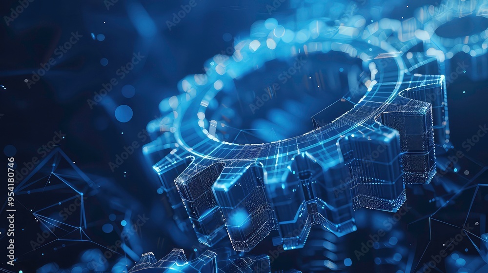 Poster abstract 3d rendering of gears with bokeh lights and digital lines in dark blue.