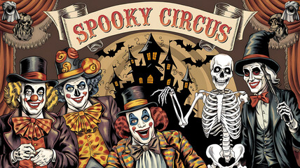 Obraz premium Vintage Halloween Spooky Circus Illustration with Clowns and Skeleton in Red and Black for Party Invitation or Poster Design. 