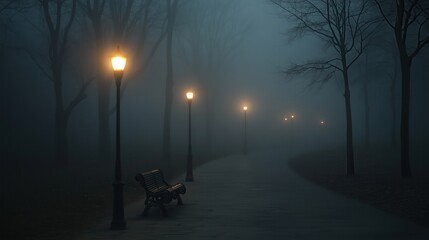 A park bench is lit up by a row of street lamps. The scene is dark and foggy, creating a moody atmosphere