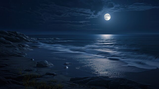 A large moon is reflected in the ocean. The sky is dark and the water is calm. The scene is peaceful and serene