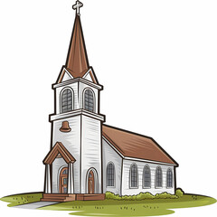 Fototapeta premium Christian church with steeple and bell, Cartoon illustration, contour, isolated in white background