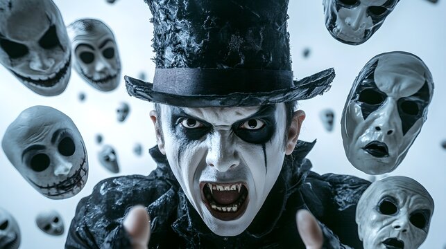 Evil ringmaster with a devious top hat, surrounded by floating Halloween masks, surreal and disturbing, isolated on white background