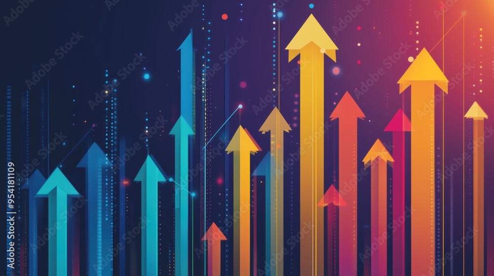 Poster a colorful image of many arrows pointing upwards. the arrows are in different colors and sizes, and 