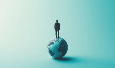 A man stands on top of a globe. The globe is blue and the man is wearing a suit