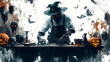 Ghostly blacksmith with broken limbs, surrounded by sinister Halloween masks, dramatic shadows, digital painting, isolated on white background