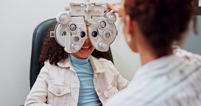 Child, optometry and chair for optometrist examination, healthcare and eyesight appointment with phoropter. Optical specialist and medical service for vision, consultation and assessment for wellness