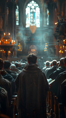 Church Worship Service with Devout Worshippers, Priest, and Spiritual Atmosphere | Religious Ceremony and Faithful Gathering