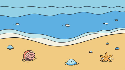 Serene Beach Scene with Seashells and Gentle Waves - Vector Illustration for Relaxation