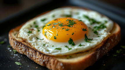 Close-up of a fried egg on toast with parsley and pepper.