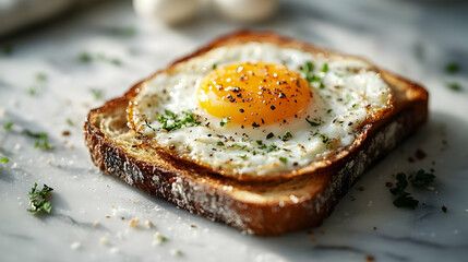 Close-up of a fried egg on toast with parsley and pepper.