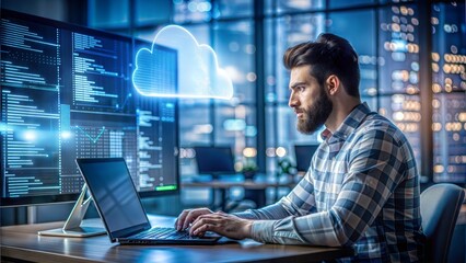 Full-stack developer working on cloud integration, coding in the background, modern software development process.