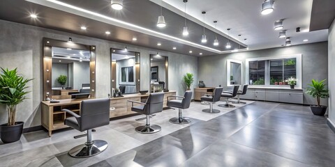 Fototapeta premium Modern salon interior with sleek grey floors, minimalist decor, and sleek equipment, inviting customers to relax and
