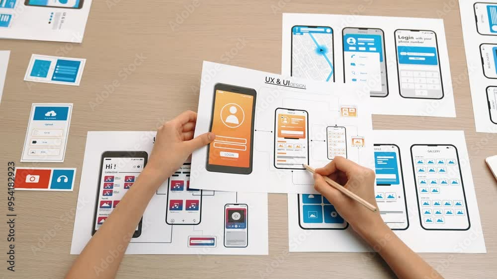 Wall mural startup company employee planning for user interface prototype for mobile application or website in 
