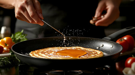 Closeup of a hand sprinkling powdered sugar on a pancake in a frying pan.