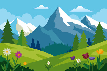 Alpine Meadow with Wildflowers and Distant Mountain Range Vector Illustration Scenic Beauty and Nature Art