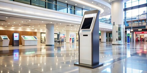 Modern sleek self-service kiosk with touchscreen display and card reader, standing on a futuristic metallic pedestal in