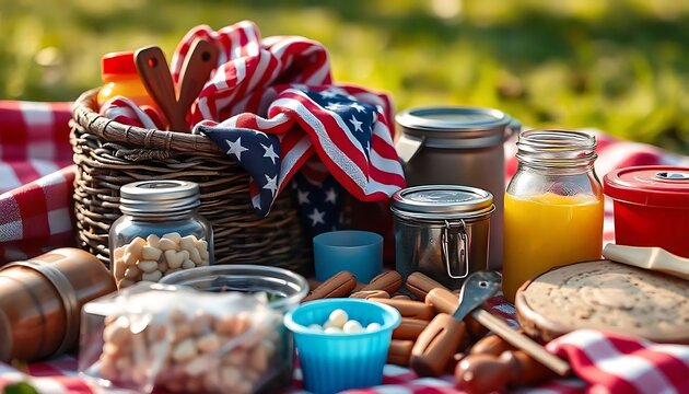 Close-up of supplies for a Labor Day Picnic, concept of labor day, American flag, picinic day, created with generative ai