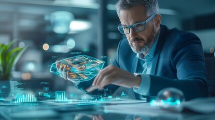 Businessman Analyzing Data with Holographic Interface