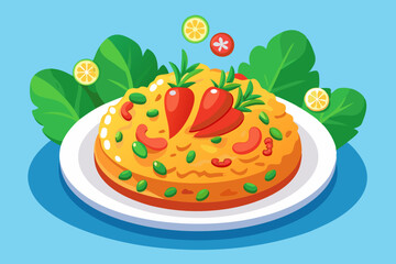 Delicious Bulgar Pilaf with Shrimps, Bell Peppers, and Greens - Vector Illustration