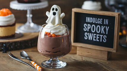 Spooky chocolate dessert with ghost, Halloween treats.

