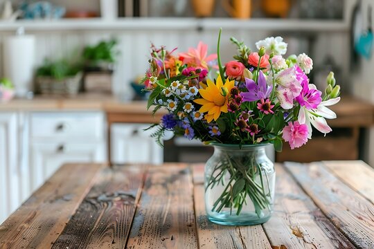Bouquet of flowers in a vase on a wooden kitchen table