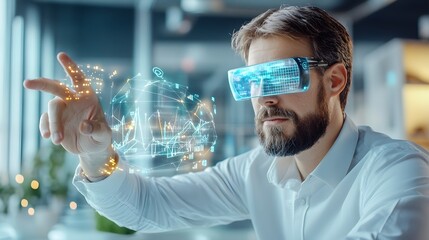 Businessman Using AR Glasses to Analyze Data