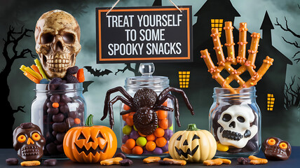 Spooky snacks in jars, Halloween treats.
