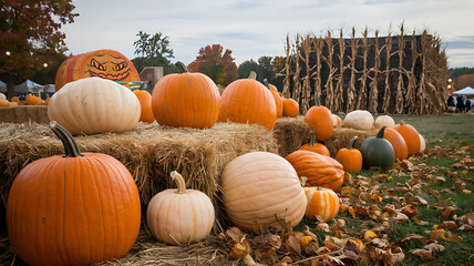Pumpkins of various colors on hay bales, autumn display.
