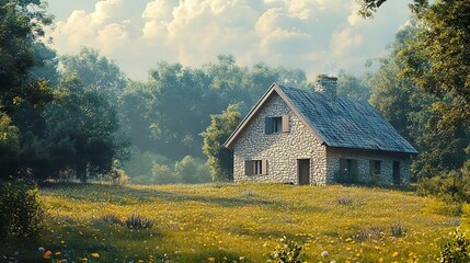Rustic barn set in picturesque countryside ideal for illustrating peaceful rural lifestyle and scenery
