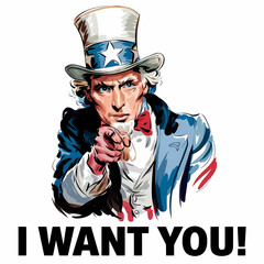 Uncle Sam pointing at viewer, Propaganda poster style, contour, isolated in white background