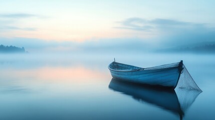 A fisherman boat on a calm lake at dawn, with a fishing net hanging over the side and mist rising from the water