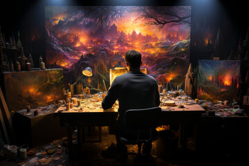 An individual painting in a secluded studio, their mind completely immersed in colors and shapes. Concept of creative seclusion and inner focus. Generative Ai.