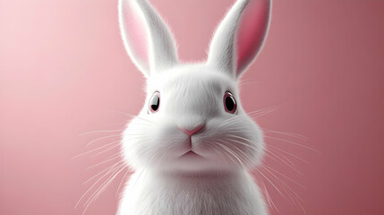 Obraz premium Close-up of a white bunny with pink ears looking at the camera against a pink background.
