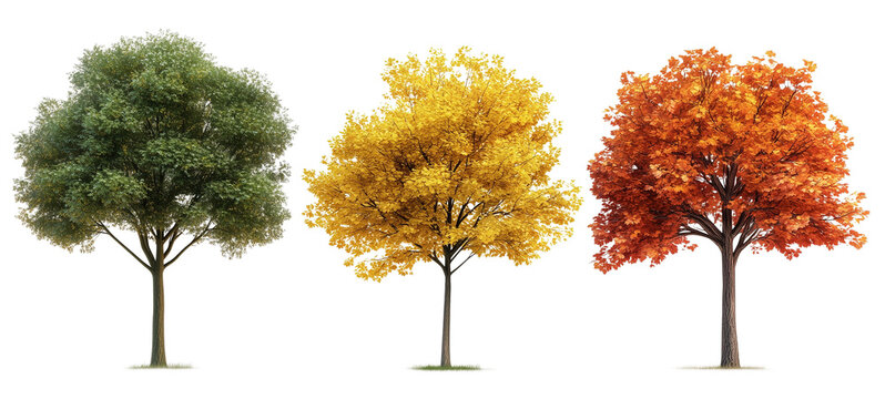 three trees in different stages of seasonal foliage: one with green leaves, one with yellow leaves, and one with orange leaves against a transparent, isolated background - Powered by Adobe