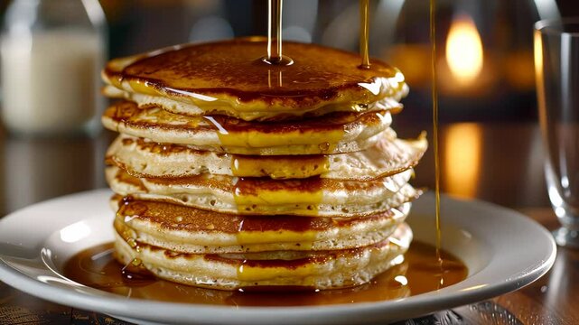 Stack of pancakes with maple syrup in cozy setting, breakfast and comfort food concept