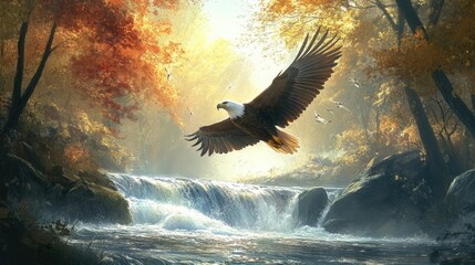 Fototapeta premium Eagle flying low over a river, wings skimming the water surface, representing the seamless connection between air and water