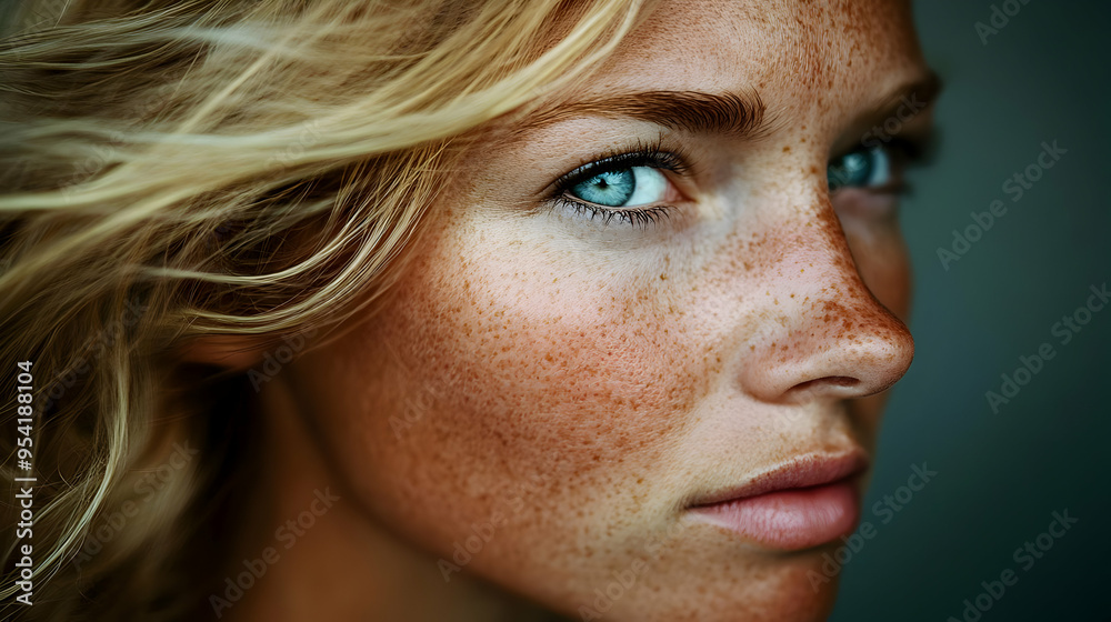 Poster Close-up of a woman's face with freckles and blue eyes.