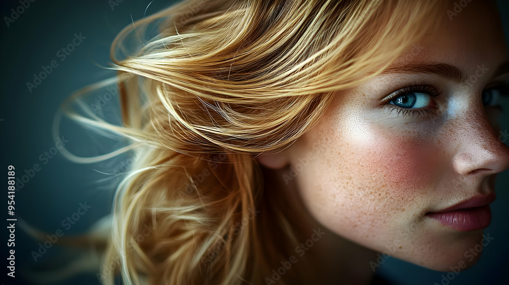 Sticker Close-up of a woman's face with freckles and windblown hair.